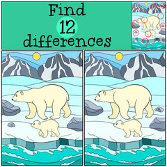 Educational game: Find differences. Mother polar bear with baby.