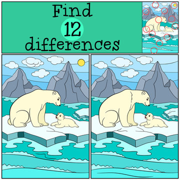 Educational game: Find differences. Mother polar bear with baby.