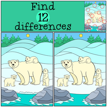 Educational game: Find differences. Mother polar bear with babie