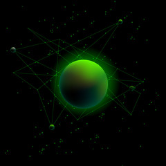 Planet and satellites. Neon Green space background. © leographics