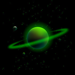 Planet with rings and satellites. Neon Green space background. © leographics