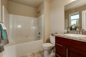 American style bathroom with vanity cabinet, toilet and shower