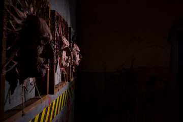 Side view of the bloody ghastly skins from human heads stuck in