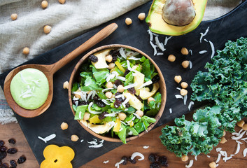 Fresh detox salad with avocado and chick peas. Top view