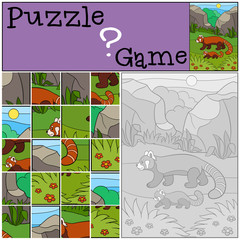 Obraz premium Education game: Puzzle. Mother red panda with her baby.