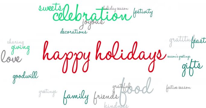 Happy Holidays animated text word cloud on a white background. 