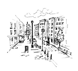 Hand drawn european street. City sketch vector illustration.