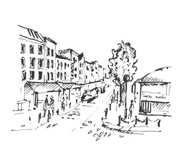 Hand drawn european street. City sketch vector illustration.

