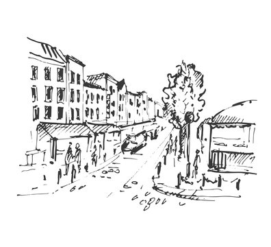 Hand drawn european street. City sketch vector illustration.

