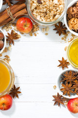 white background and ingredients for baking apples, vertical