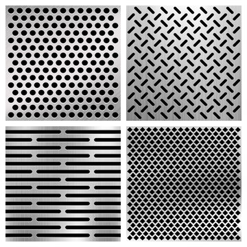 Industrial Metal Perforated Vector Textures, Metallic Grids Set