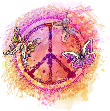 Peace Hippie Symbol over colorful background.