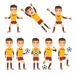 Obraz na płótnie Canvas Footballer, soccer player, goalkeeper in different gaming poses set of vector flat characters