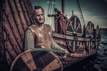Viking warrior with sword and shield standing near Drakkar on seashore.