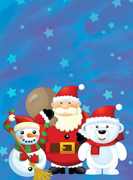 The santa claus with the sack full of presents - gifts - happy snowman and polar bear - illustration for children - christmas design