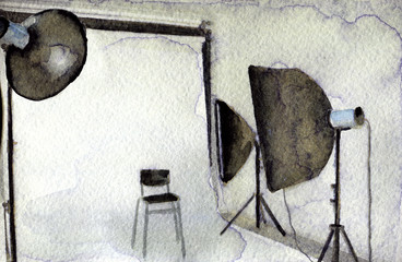 watercolor sketch of empty photo studio with lighting equipment