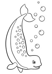 Coloring pages. Little cute lady narwhal smiles.