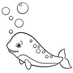 Naklejka na ściany i meble Coloring pages. Little cute baby narwhal swims.