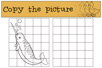 Educational game: Copy the picture. Little cute narwhal swims. © ya_mayka