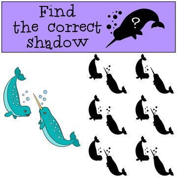 Educational game: Find the correct shadow. Two little cute narwh