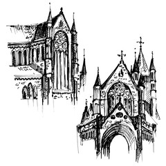 Gothic architecture. Hand drawn gothic cathedral. Vector illustration.