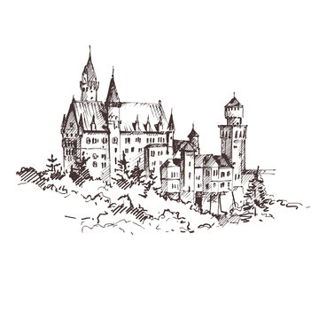Hand drawn famous old Castle, Germany. Vector illustration.