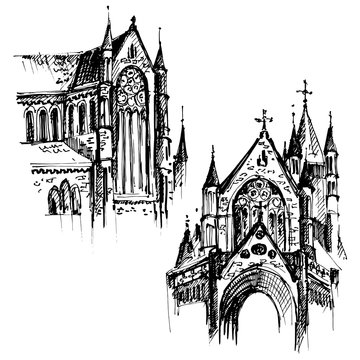 Gothic architecture. Hand drawn gothic cathedral. Vector illustration.