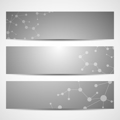 Abstract geometric banners molecule and communication. Science and technology design, structure DNA, chemistry, medical background, business and website