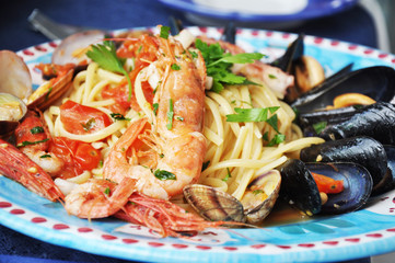 Italian pastas with seafood 

