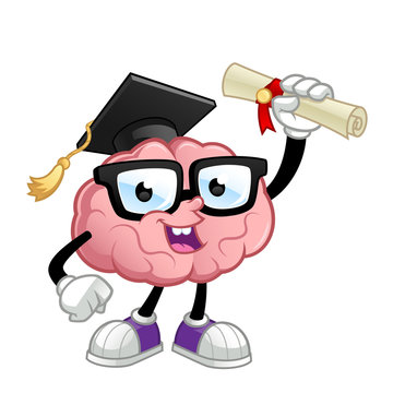 Brain cartoon character, he wear a graduation cap and has a diploma
