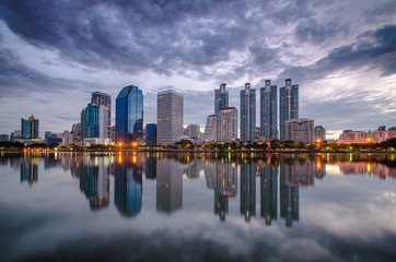 the cityscape of modern building with sky line, benjakitti park