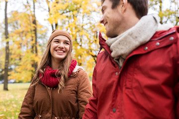 Fototapeta premium happy young couple walking in autumn park