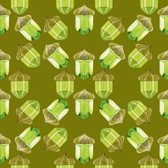 watercolor seamless pattern with acorns on olive background. stylization for crystals.