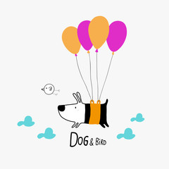 Dog & Bird flying with balloons, character design