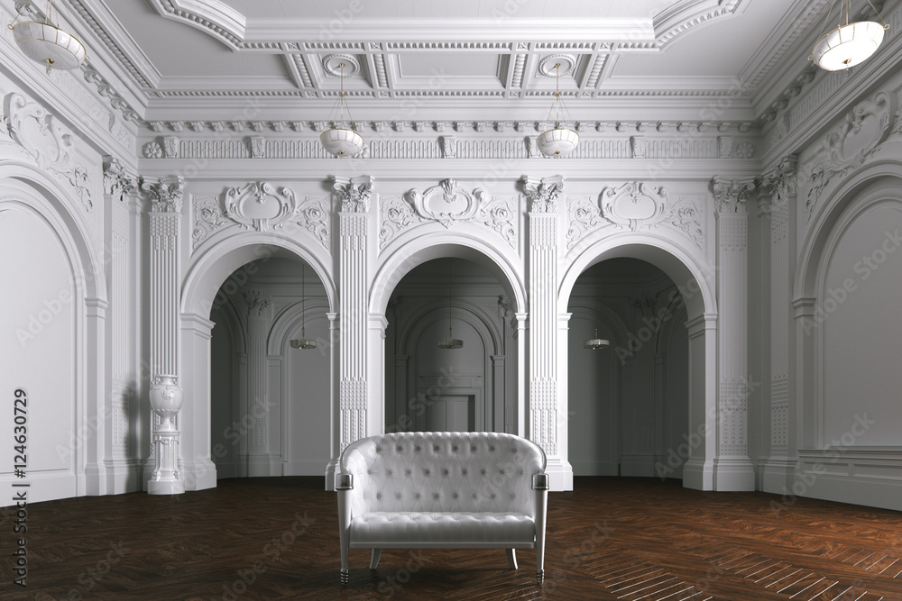 Wall mural Luxury mansion villa interior with columns. White leather sofa.