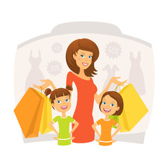Happy woman with kids on shopping