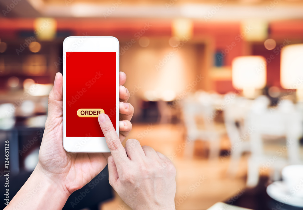 Leinwandbilder hand holding mobile with order button and empty screen for addin