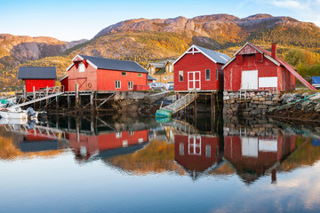 Traditional Norwegian red wooden barns