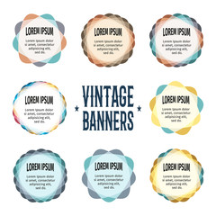 Isolated abstract bright colorful round shape logo set on the white background. Advertising banners logotypes collection. Unusual informative stickers group. Web templates signs. Vector illustration.