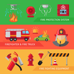 Obraz premium Firefighters flat horizontal banners for webpage infographics. Vector smoke and fire alarm, fire truck and fire safety equipment