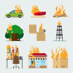 Fire risk icons. Fire in home and building, forgot fire vector signs for insurance and fire safety infographic