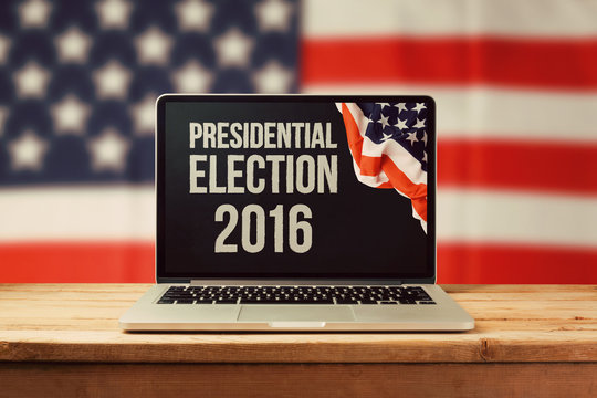 Presidential Election 2016 background with laptop computer and USA flag