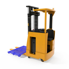 Modern forklift truck with plastic pallet isolated on white. 3D illustration