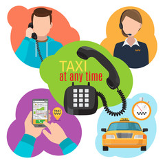 Taxi service vector illustration with urban cab motor service, mobility phone app and taxi operator calls
