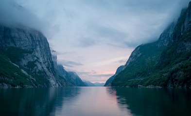Night landscape of Lysefjord. Norway fjords scenics. - obrazy, fototapety, plakaty