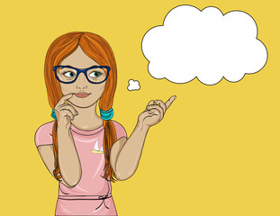 Young girl in glasses thought. Daydreaming and looking to the side. Shows a finger. Vector illustration. Pop art style on a yellow background.