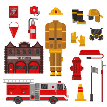 Firefighter protection equipment vector flat set