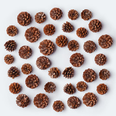 Christmas background with pine corns. View from above. Flat lay.