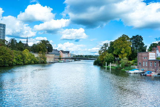 skyline of Kassel vith view to Auedamm at river Fulda