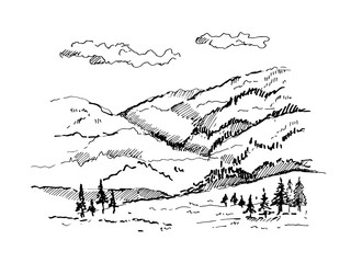 Mountains,forest, contours of the mountains engraving vector illustration, hand drawn.